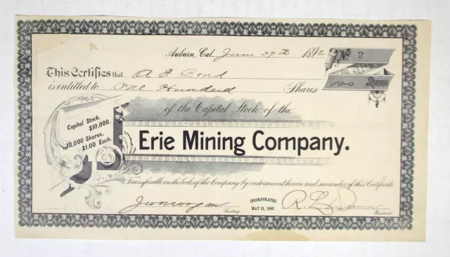 Erie Mining Co., 1892. 100 Shrs I/U Capital Stock Cert. VF.