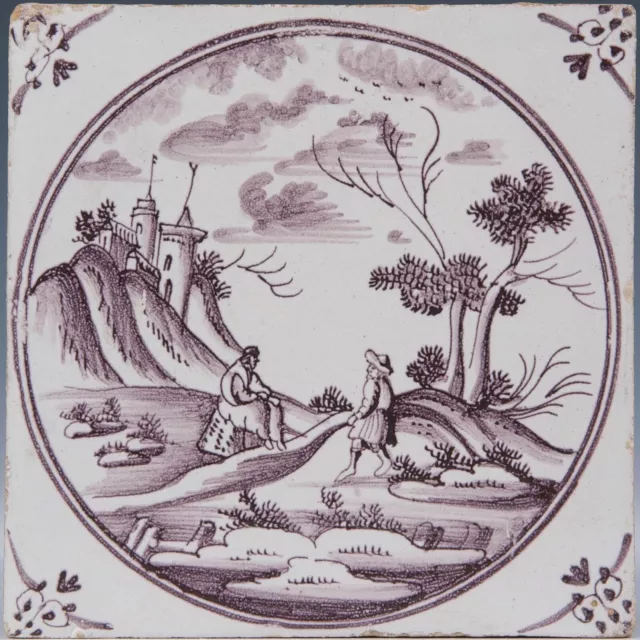 Nice Dutch Delft manganese tile, figures in landscape with castle 18th. century