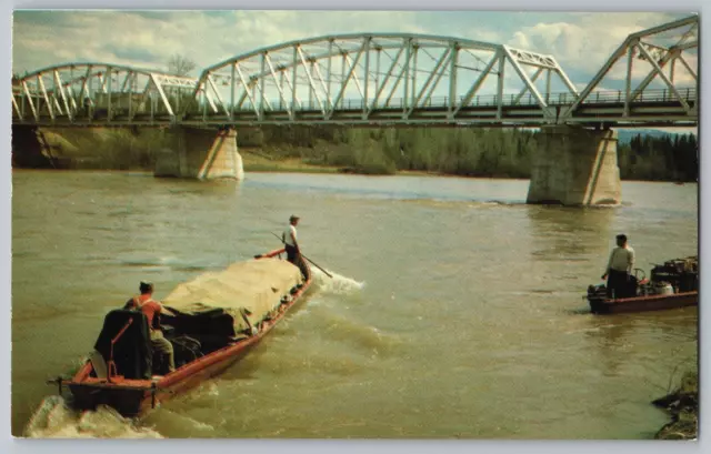 River Boat Trappers Hunters Fisherman Bridge British Columbia BC Postcard UNP