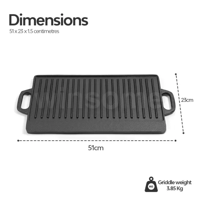 51cm Cast Iron Griddle Plate Fry Pan Grill BBQ Skillet Double Side Reversible 2