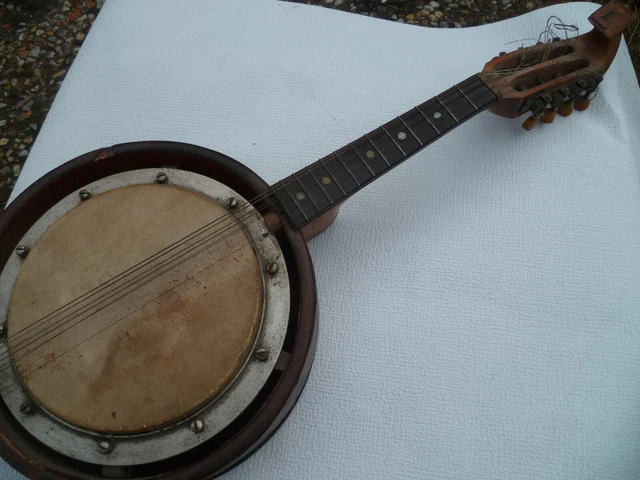 Banjo Guitare Vintage Années 1960 – Bois, Métal Et Cuir, Fabriqué En Italie, Instrument Authentique