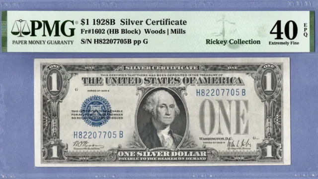 1928B Rickey Collection PMG40 $1 Silver Certificate EXtremely Fine EPQ FunnyBack