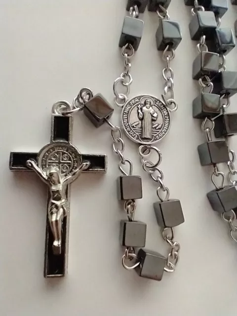 Catholic Hematite Men's Rosary Cube Square Beads Black Enamel St Benedict 19"