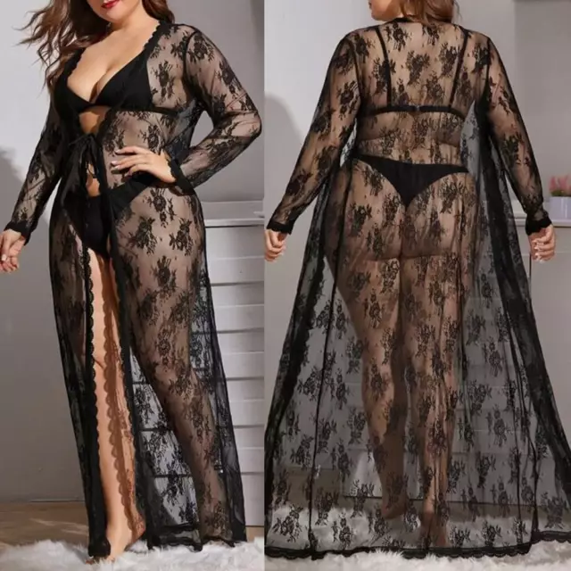 PLUS SIZE Women Lace See Through Lingerie Sheer Night Gown Dressing Robe Dress