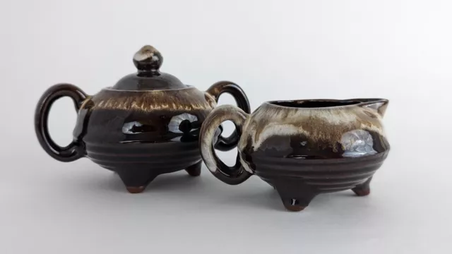 Artisanal Pottery Set Vintage Sugar Bowl with Lid & Creamer Unique Drip Glaze