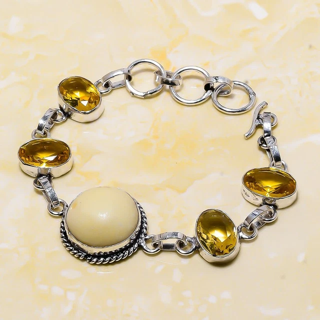 Swiss Green Opal, Citrine Gemstone Handmade Gift  Bracelet 7-8" S004