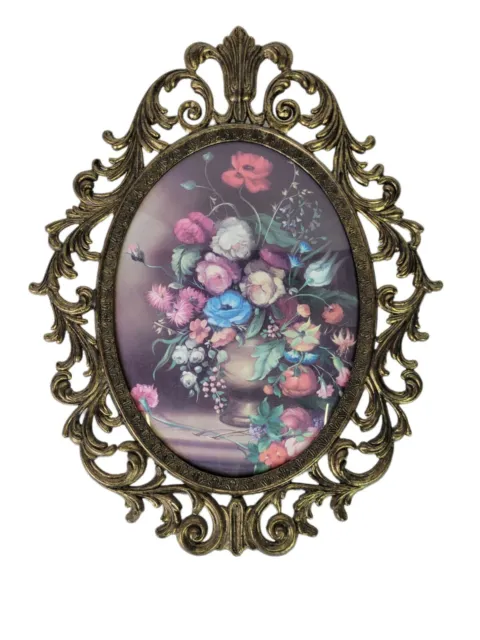 Vintage Still Life Lithograph Ornate Brass Framed Oval Convex Glass