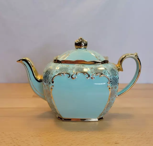 Vintage SADLER Cube Teapot MINT GREEN Gold Gilt Made in England #2085 EUC