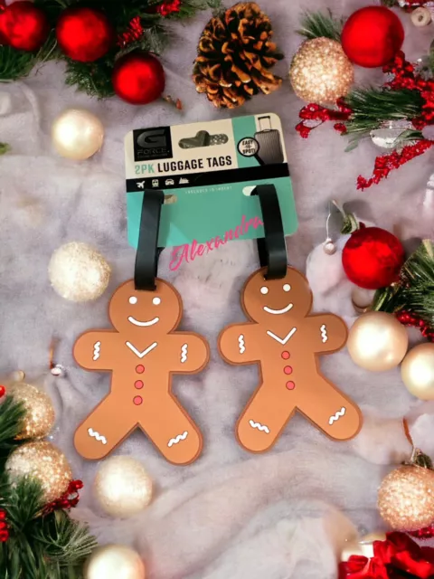G FORCE Set of 2 Gingerbread Christmas Suitcase 4" x 3" Luggage Tags, ID Insert