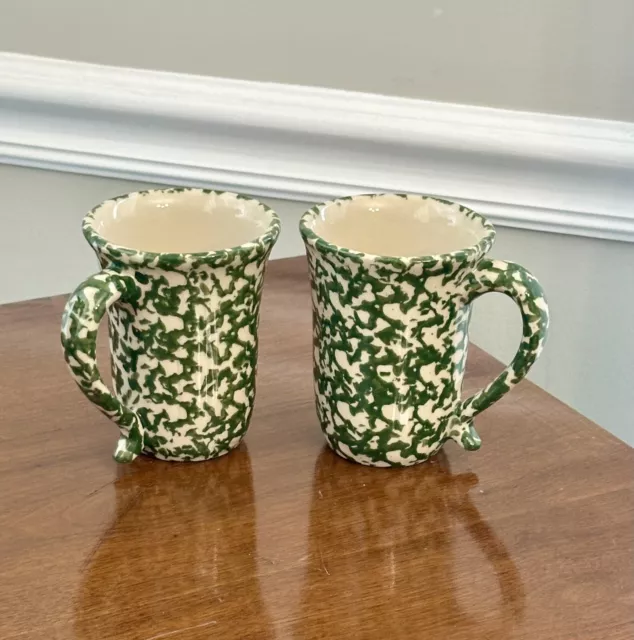 Set Of 2 Gerald Henn Green Spongeware Coffee Tea Mugs 4” Tall Unique Shape Rare