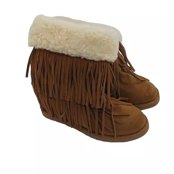 Madden Girl Boots Brown Fringe Leather Bootie Sherpa Lined Womens Size 8.5