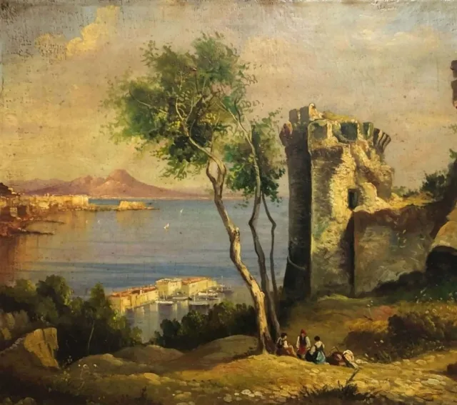 Antico Dipinto Olio Su Tela '800 Scuola Di Posillipo Veduta Del Golfo Di Napoli