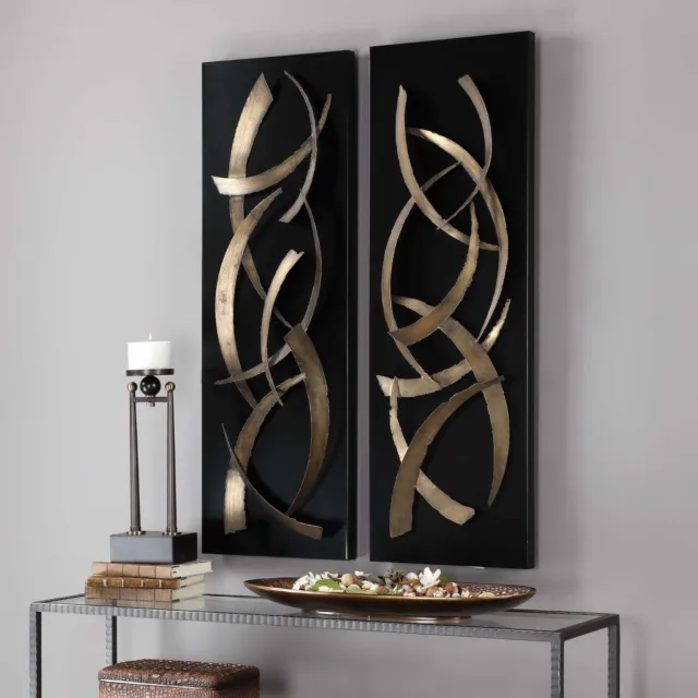 Two Abstract 47" Cut Metal Modern Art Wall Panels Brushed Gold & Black Uttermost