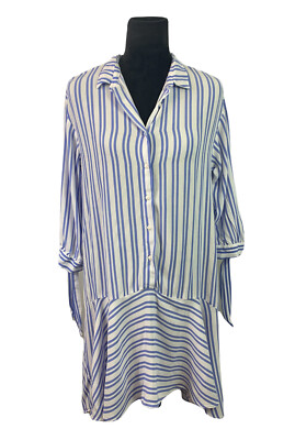 Zara Size S White & Blue Striped Hi-Lo Mini Shirt Dress