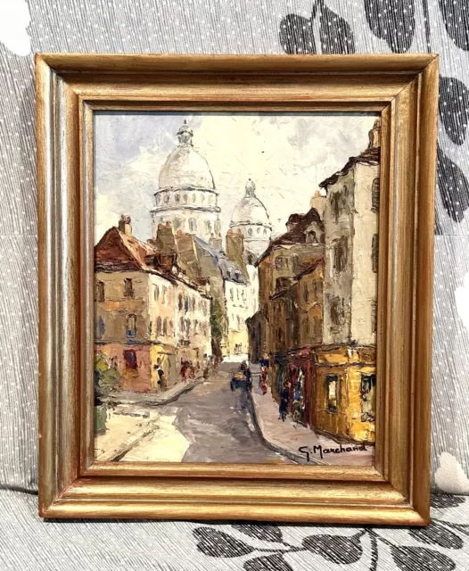 Vintage Antique Paris Street Scene Oil Painting Signed G.Marchand Gilt Frame
