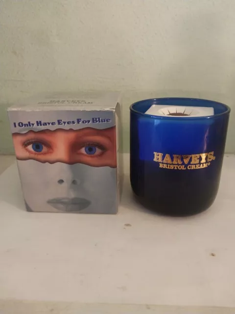 Harveys Bristol Cream cobalt blue drinking glass with promo box