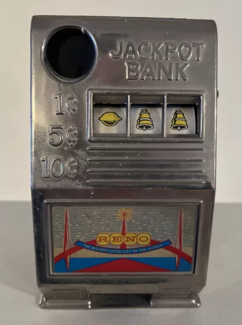 Vintage Metal Las Vegas Nevada Mini Slot Machine Toy Gambling Bank - Working