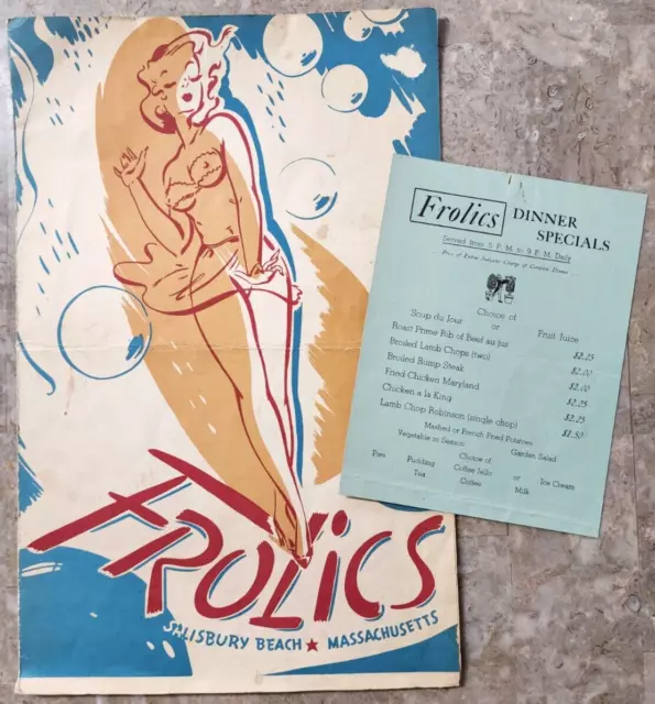 Vintage Frolics Salisbury Beach Restaurant Menu Massachusetts - 1946 - VERY RARE