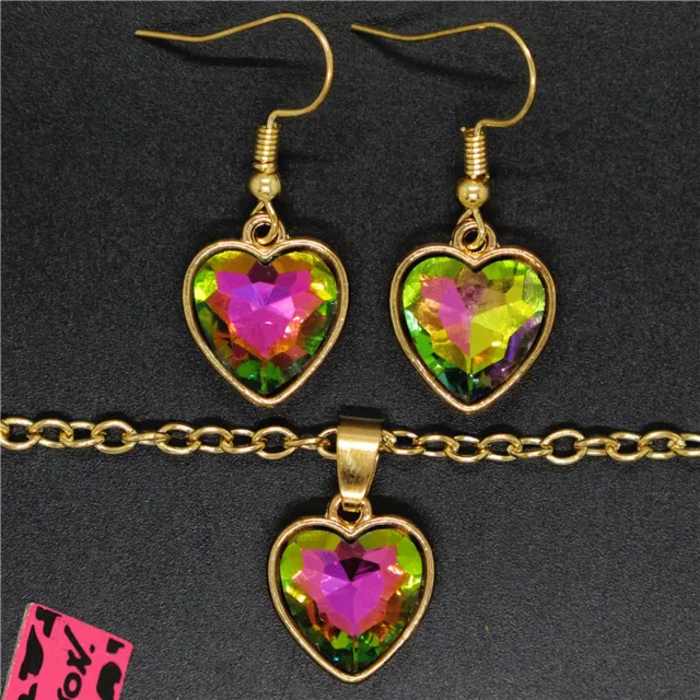 Hot Holiday gifts  AB Colorful Crystal Heart Pendant Chain Necklace Earring Set