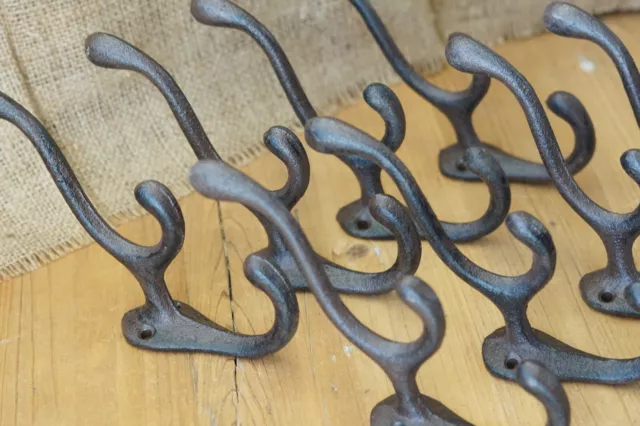 8 Cast Iron TRIPLE SCHOOL Style Coat Hooks Hat Hook Rack Hall Tree Tack Rustic 2