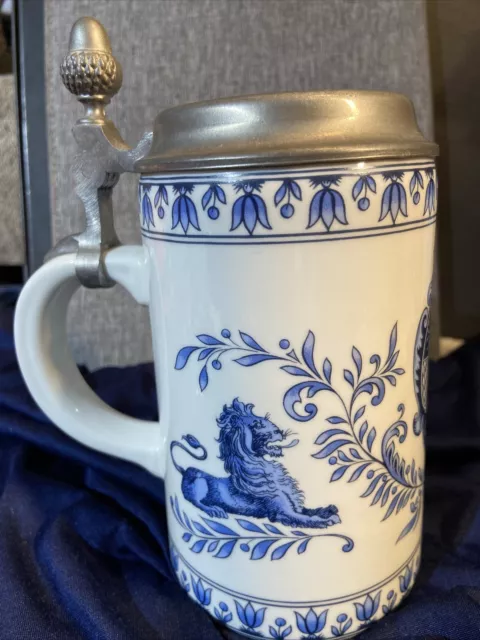 White Blue Lidded ZIMMERMANN SCHROBENHAUSEN Beer Stein Lion Vintage CUP MUG