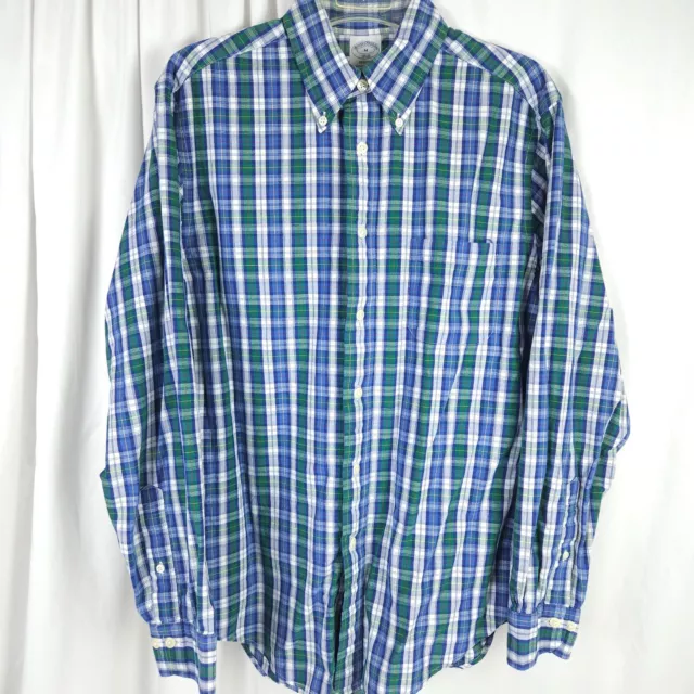 Brooks Brothers Mens Blue Green Plaid Regent Fit Button Up Shirt Size Medium