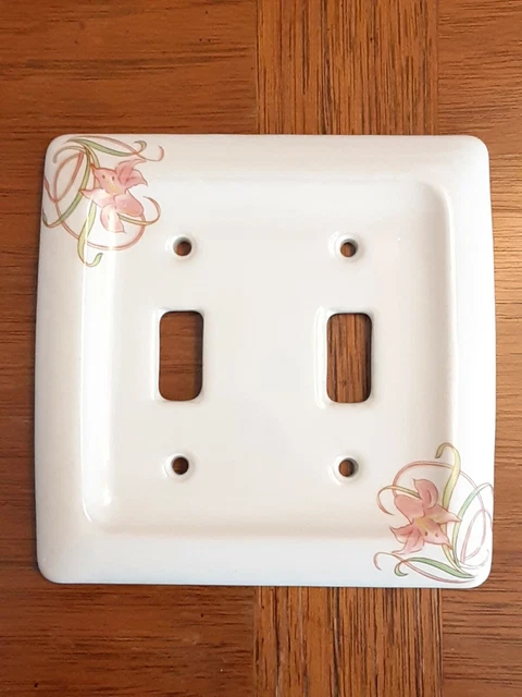 VTG Floral Lilies White Ceramic Double Light Switch Plate Cover New Old Stock