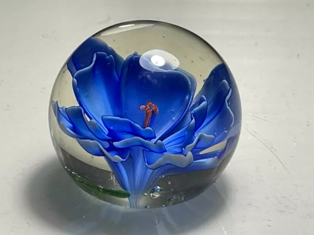 Vintage Globe Art Glass Paperweight With Abstract Blue Crocus Flower Design