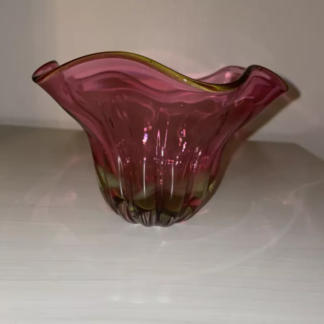 Vintage Hand Blown Pink Purple With Yellow Tint Art Glass Bowl Signed Jablonski