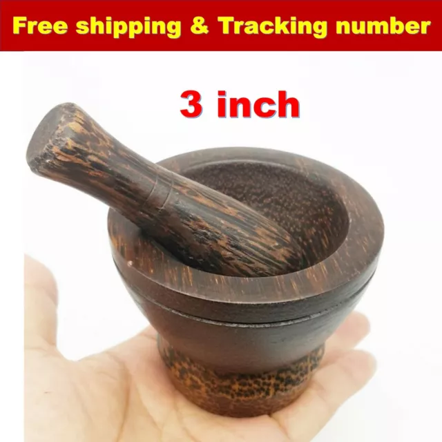 Small Mortar Pestle Wood Mini Wooden Thai Grinder Pill Crusher Handcraft Cute 3"