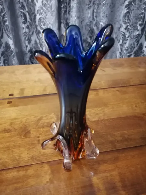 Vintage Rare Unique Murano Blue & Orange Art Glass Finger Top Propeller Vase