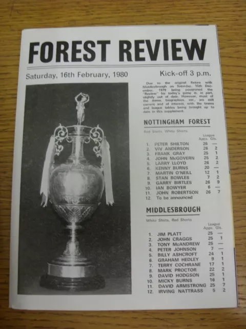 16/02/1980 Nottingham Forest v Middlesbrough [Programme Dated: 15/12/1979, With