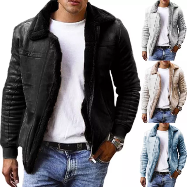 Mens Winter Warm Lapel Fleece Fur Lined Coat Casual Parka Jacket Zip Up Outwear