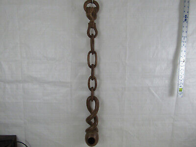 Vintage Hand Carved Wooden Chain Links Attached To Hand & Bowl 31" Length