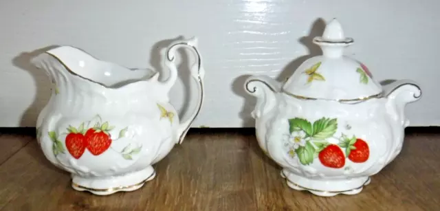 Queens Virginia Strawberry Milk / Cream Jug & Lidded Sugar Bowl ~ Excellent 1st