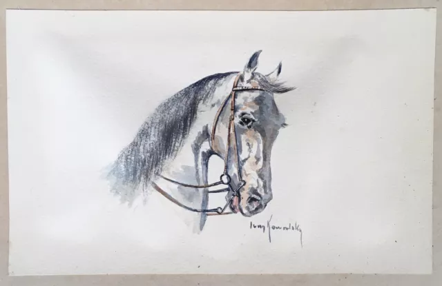 Aquarelle Ancienne Ivan KOWALSKI (1839-1937) Portrait Animal Tête de Cheval XIXe