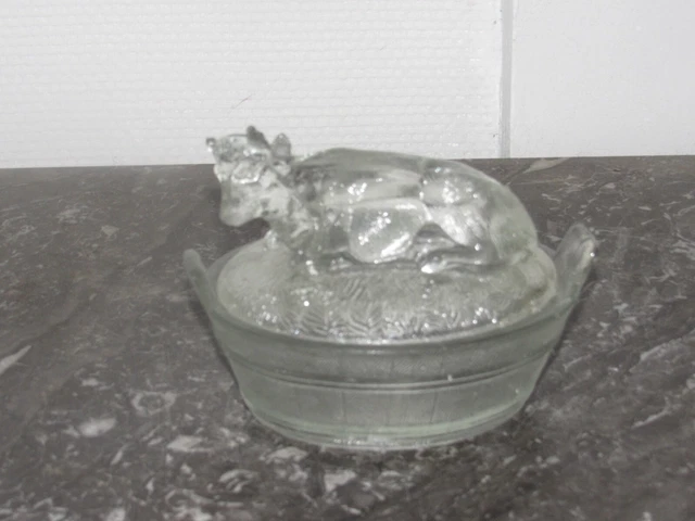 Beurrier vache ancien en verre transparent - art de la table - vaisselle vintage - cadeau de crémaillère - France