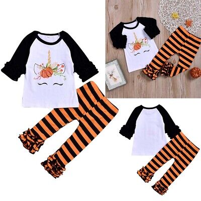 Toddler Baby Girls Unicorn Halloween Outfits Pumpkin Tops Stripe Trouser Clothes