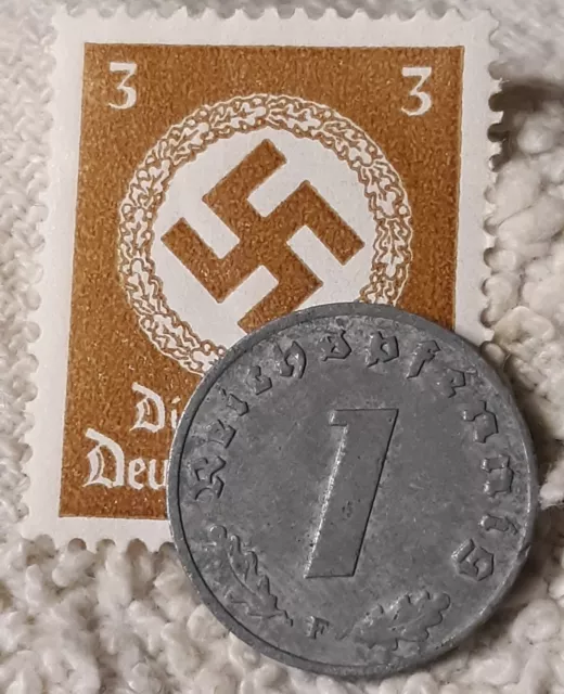 One 1942-F 1 Reichspfennig Penny , + WW2 German Brown Unused Stamp