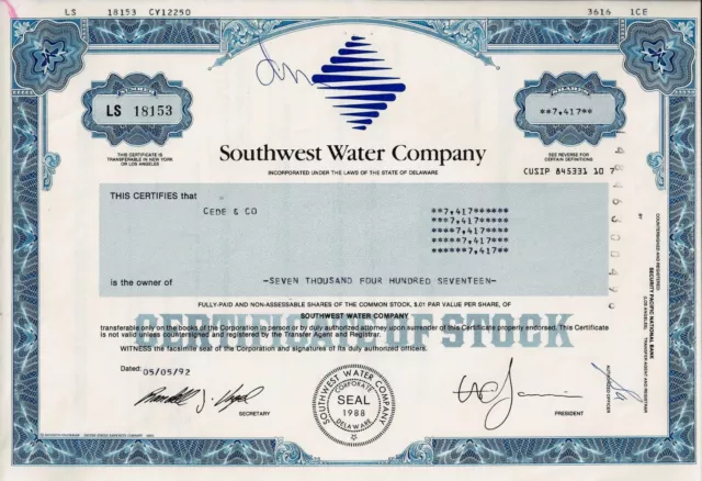 Southwest Water Company, Delaware, 1992 (7.417 Shares) !!