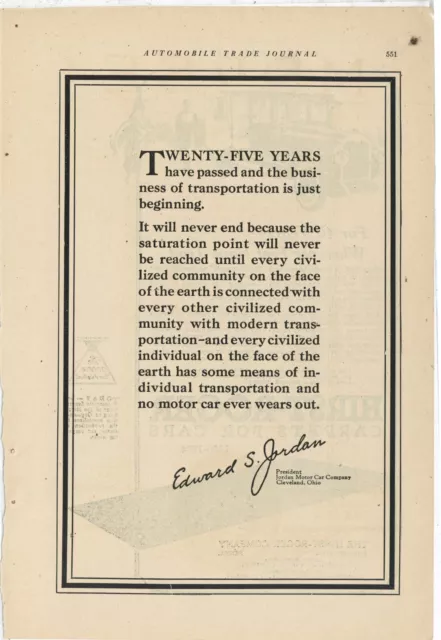 1924 Jordan Motor Car Co. Ad: Edward Jordan Quote, Prediction of Future Trade