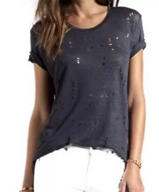 IRO Top Clay Black Short Sleeve Distressed Linen Crew T Shirt Size XS $145