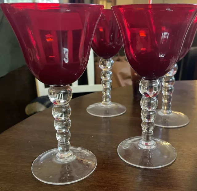 Vintage 4 Ruby Red Fluted Wine Glasses Clear 5 Ball Stem 8” Tall