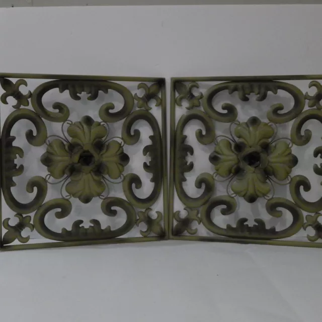 Mid-Century Wall Art Vintage Green Square Metal Scroll Art Deco 14x14 2Pc