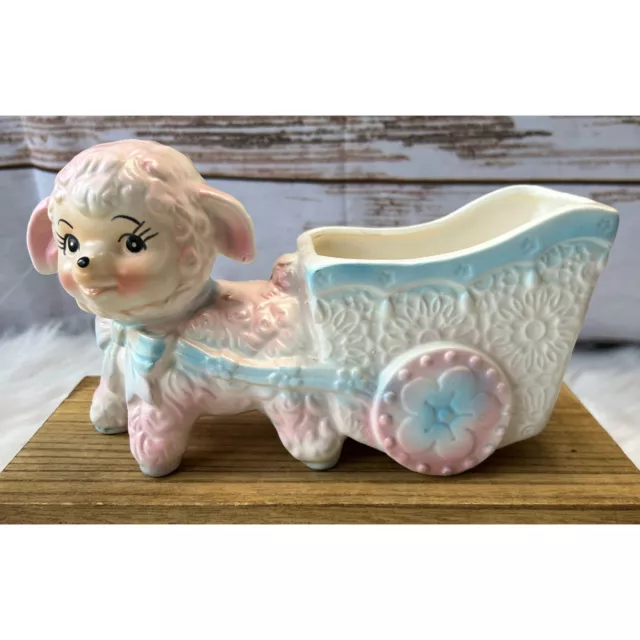 VTG 1950's Inarco Pastel Pink and Blue Lamb Planter/Vase Embossed Flowers