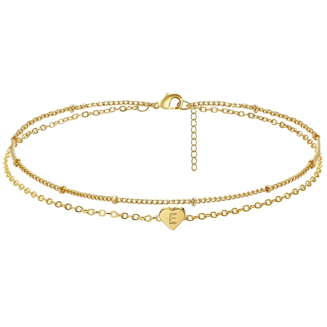Layered Heart Initial Bracelet 18K Gold Plated Dainty Beaded Satellite Adjust...