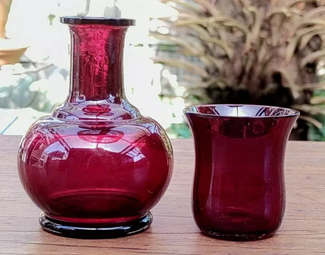 Vintage Handblown Ruby Red Glass Tumble up Bedside Night Water Decanter Carafe