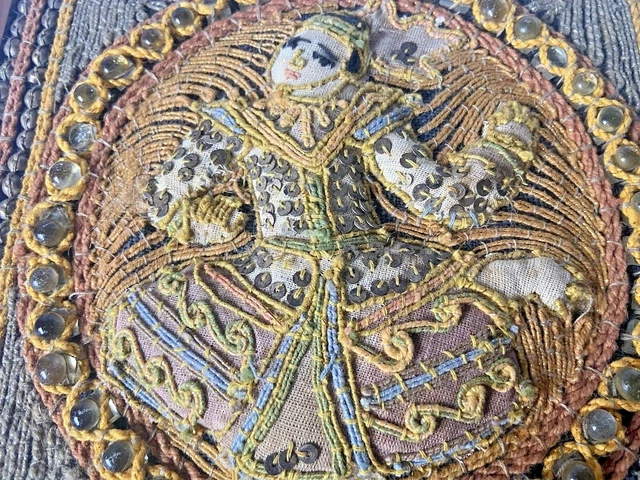Vintage Burmese Kalaga Embroidered Beaded Prince 3D Tapestry Framed 9"x 9" EUC 5