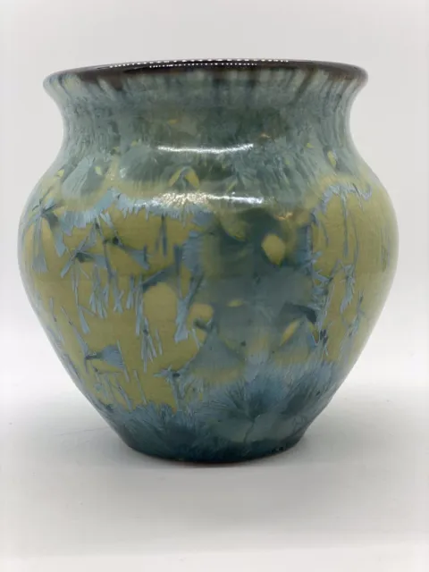 Small Crystalline Glazed  Blue And Green  Studio Art Pottery Vase Artist Signed