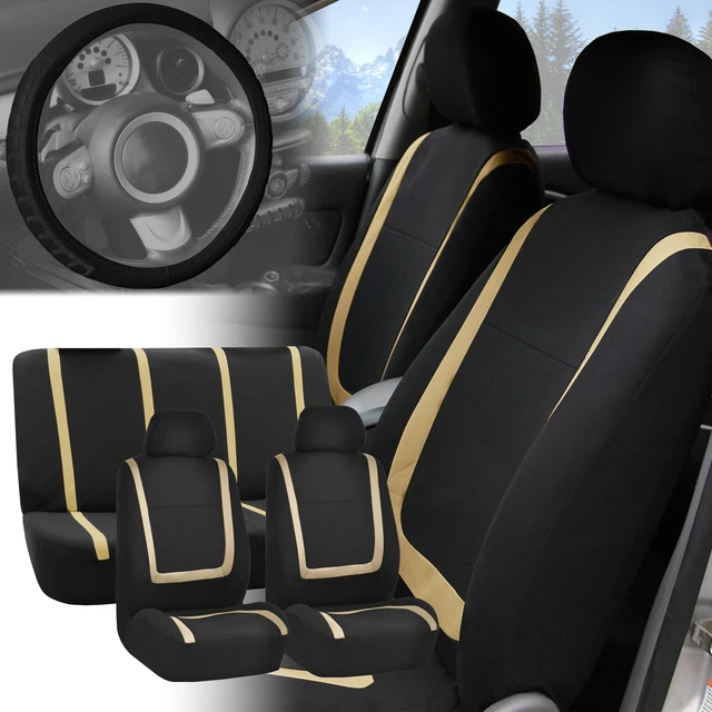 Car Seat Covers for Auto Beige Black Full Set w. Black Leather Steering Cover